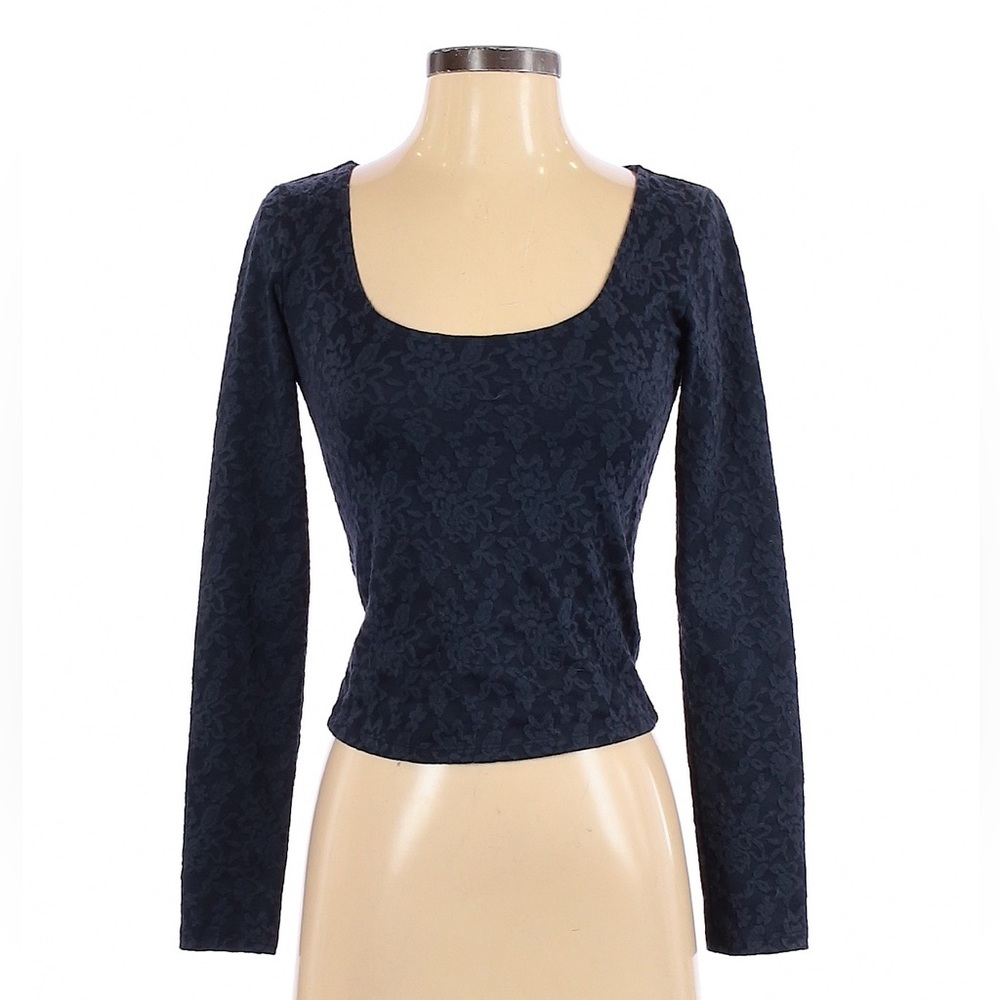American Eagle Navy Blue Embroidered Long Sleeve Crop Top
